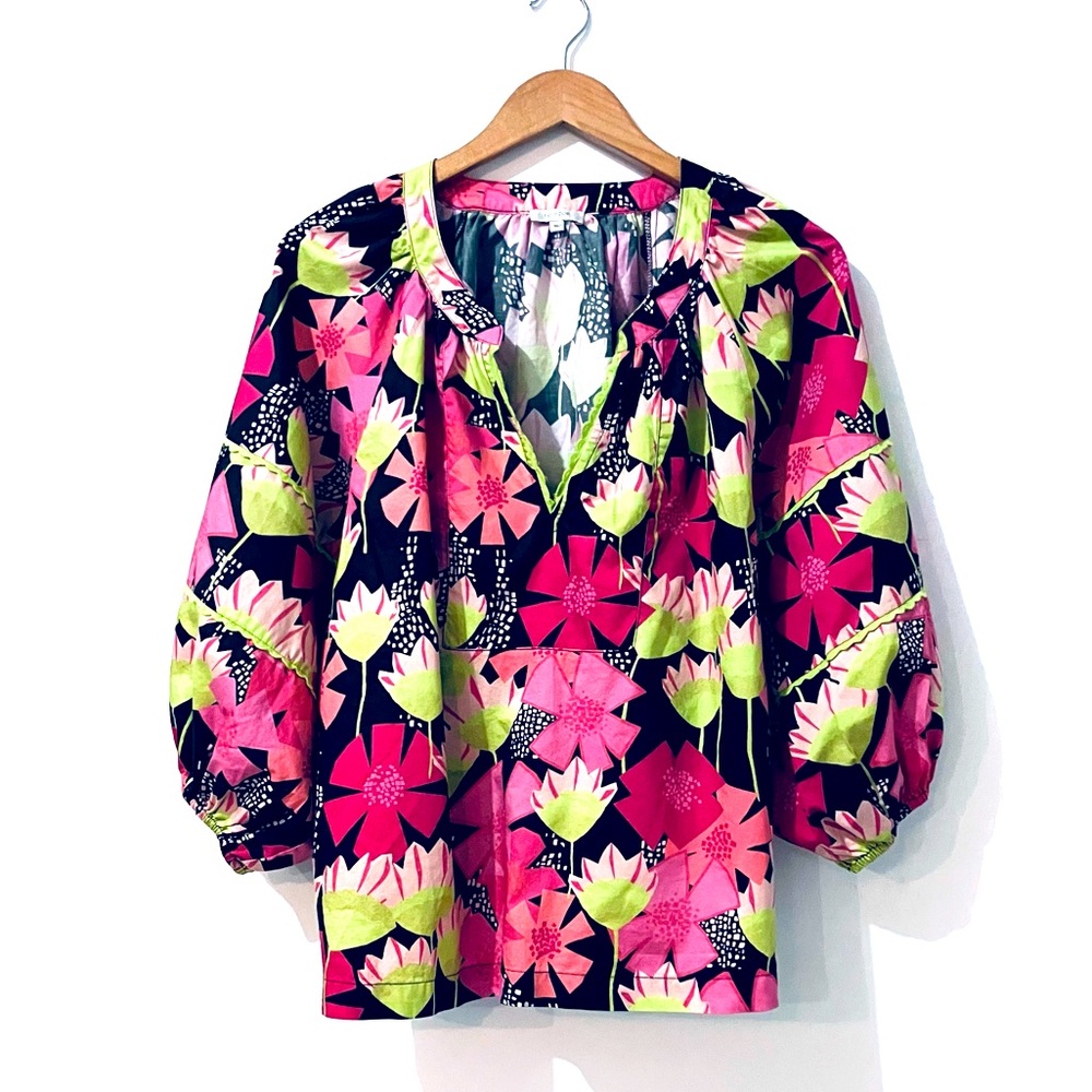 Tyler Boe Scallop Trim Floral Print Top with Bubble Sleeves